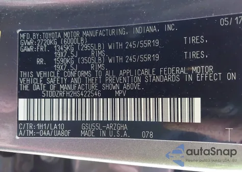 2017 Toyota Highlander Limited z USA, uszkodzony, nr VIN 5TDDZRFH2HS422546